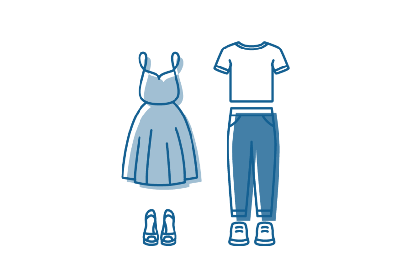 Icon drawing of dress and high heels, pants, t-shirt and joggers.