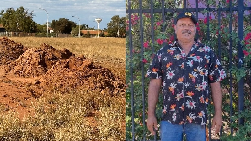 A composite image of piles of dirt next to and Aboriginal man.