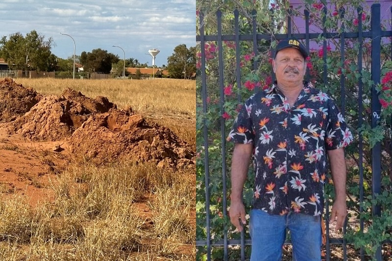 A composite image of piles of dirt next to and Aboriginal man.