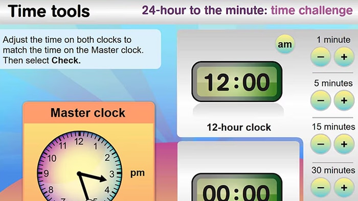 Screen of a colourful game that teaches analog and 24 hour time.