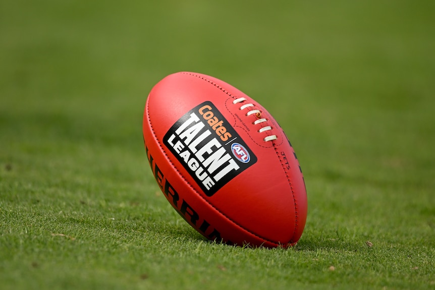 A Sherrin AFL ball with the Coates Talent League logo on it sits on the grass.