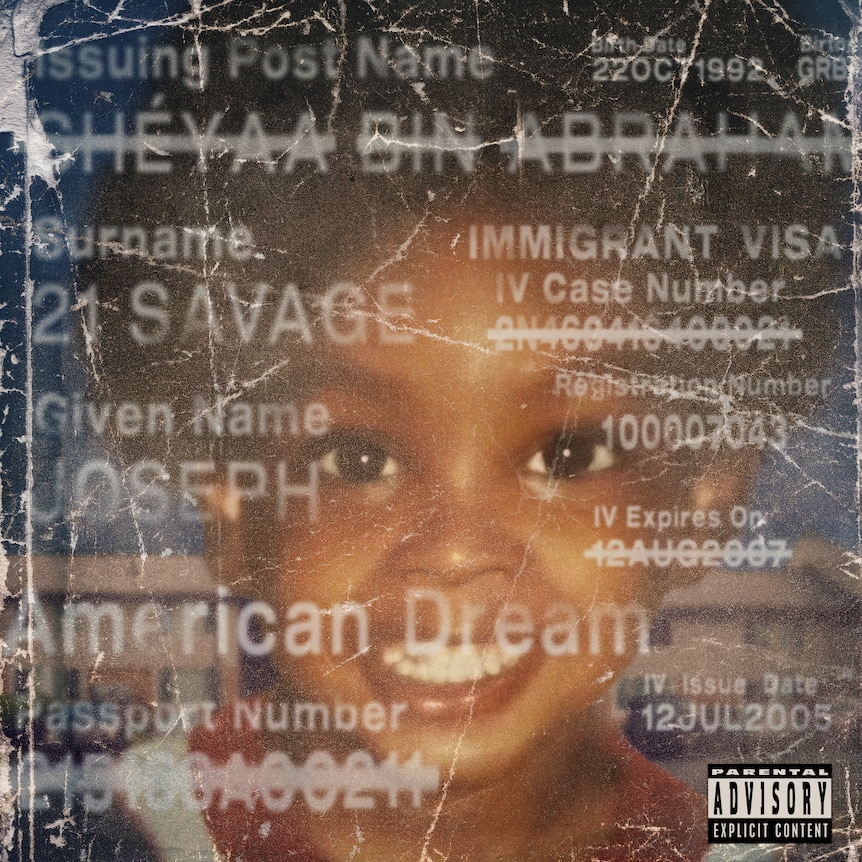A picture of an album cover with a young black boy and writing over his face including the words American dream