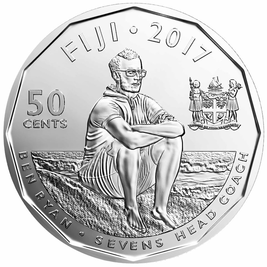 The front side of Fiji 50 cent piece featuring coach Ben Ryan.