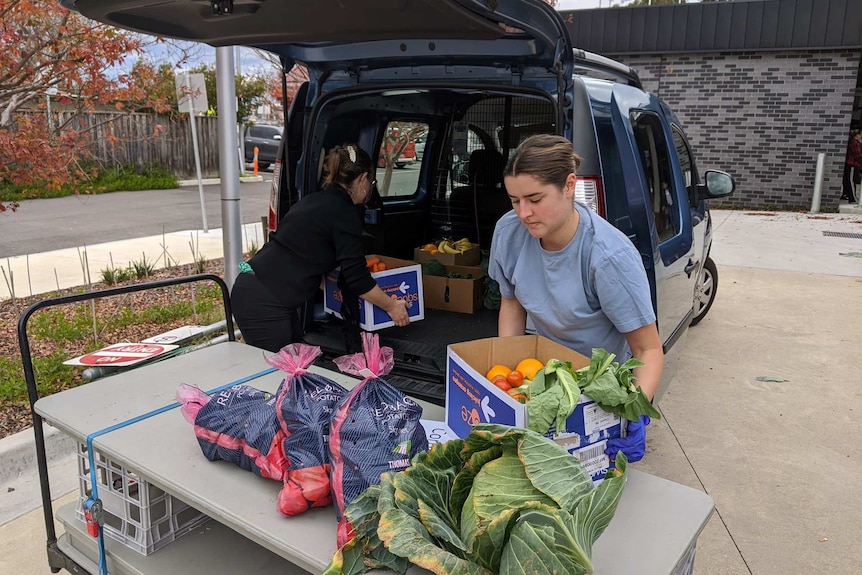 Two women load a van with boxes of fruit and vegetables.