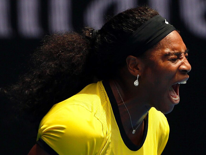 Serena Williams reacts to winning a point on her way to a quarter-final victory over Maria Sharapova.