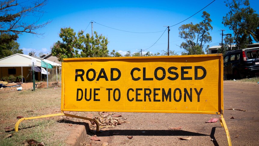 A road closed sign at Galiwin’ku used during funeral ceremonies