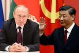 On left Vladimir Putin sits at a table with his hands clasped. On right Xi Jinping waves in front of Chinese flags.