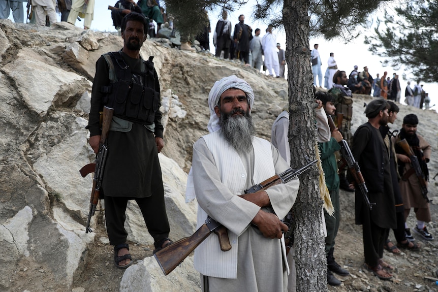 Afghan militiamen  stand on a hillside by a tree holding guns.