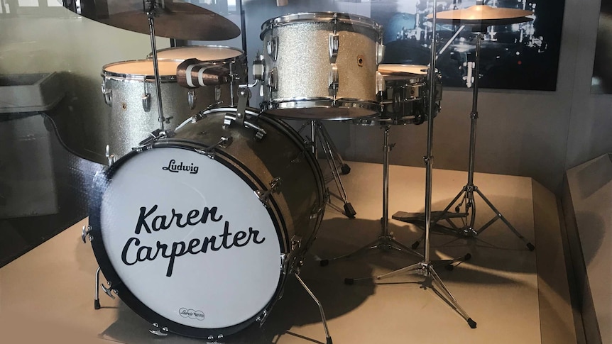 A sparkling silver drum kit bearing the name Karen Carpenter on the kick drum