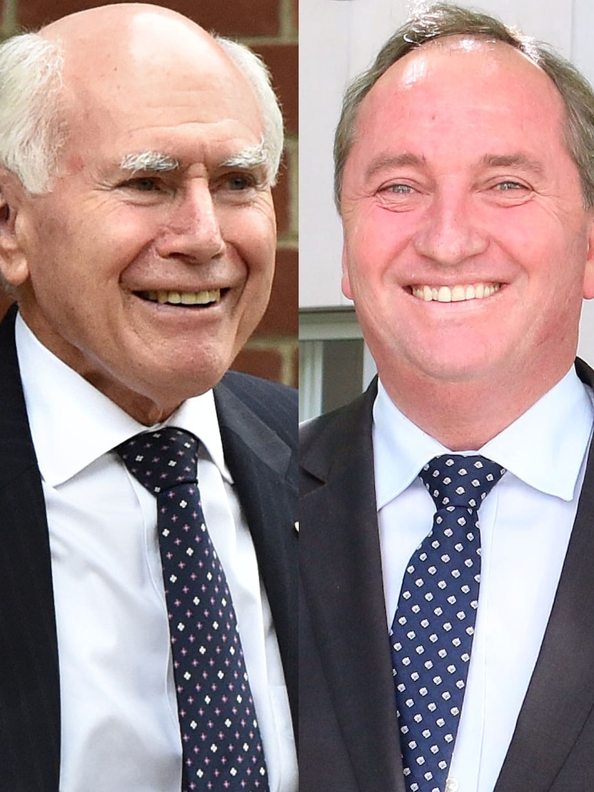 Composite image of former prime minister John Howard and Deputy Prime Minister Barnaby Joyce, both smiling broadly.
