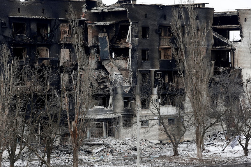 Un edificio pesantemente bombardato con pietre nere e alberi bruciati in una cupa mattina d'inverno