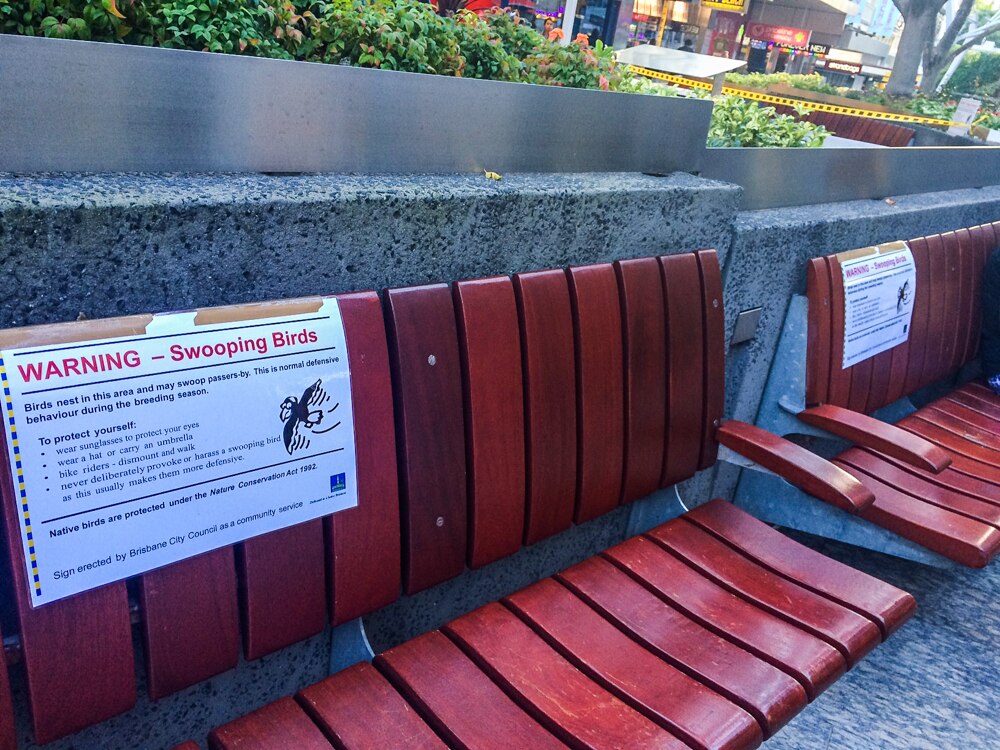 skyltar har fästs på de populära bänkarna i köpcentret.