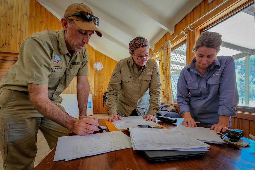 A man and two women in khaki shirts pore over spreadsheets on a table.