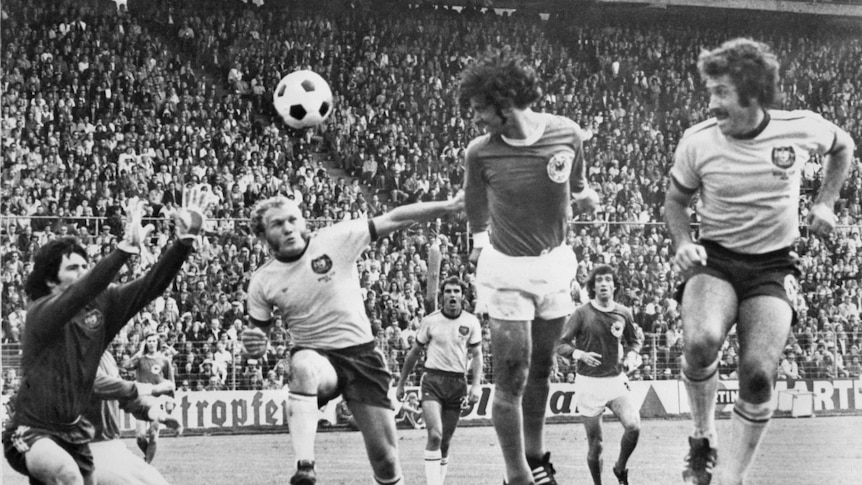 Gerd Muller scores for West Germany against Australia at the 1974 World Cup