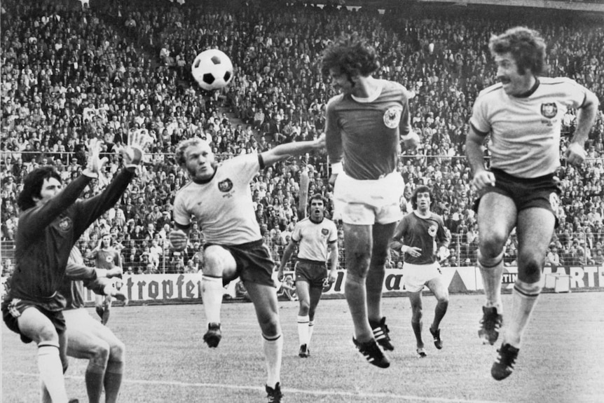 Gerd Muller scores for West Germany against Australia at the 1974 World Cup