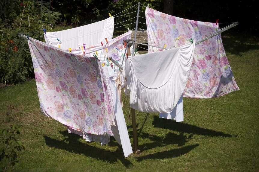 Pink, floral bed sheets on a rotatory clothesline for a story about how often you should change your sheets.