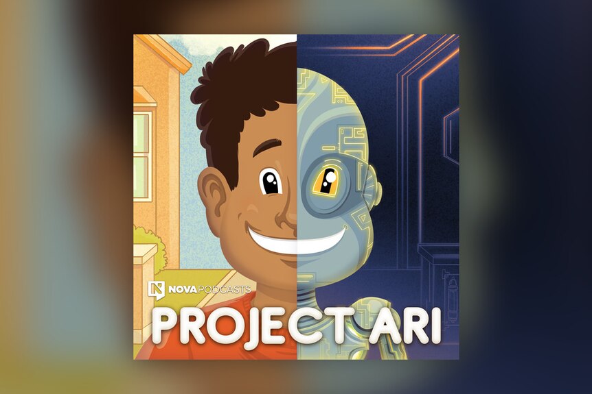 A cartoon of a face that is half child, half robot, with the words Project ARI written underneath.