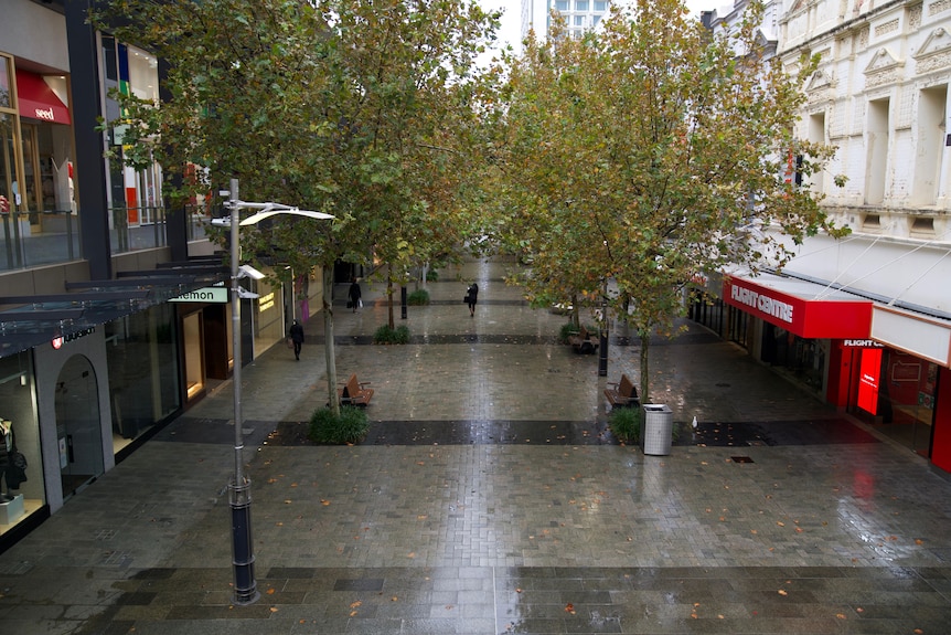 A rainy Hay Street Mall pictured from above with a lone woman walking along.