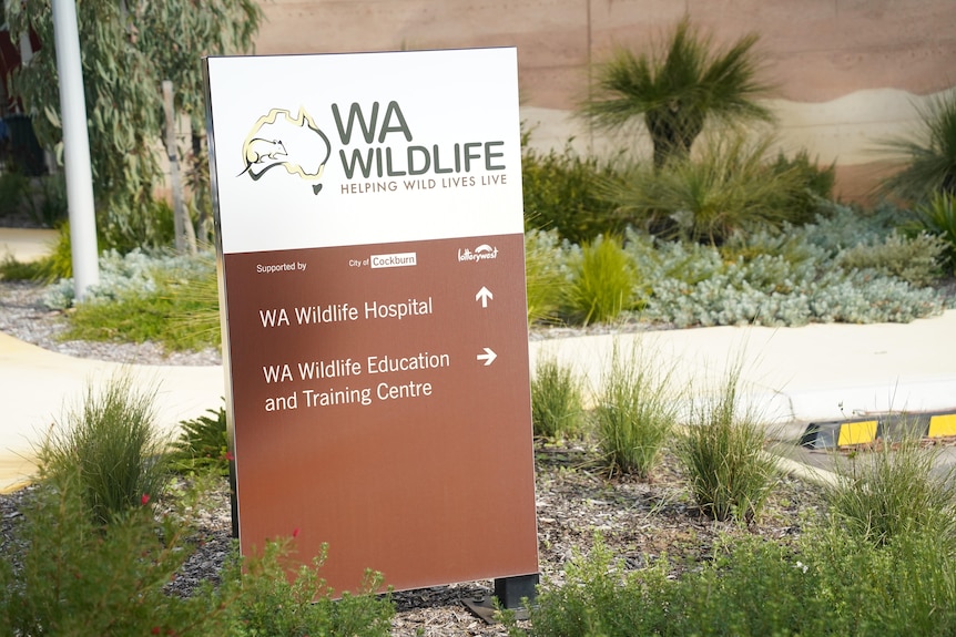 A small sign for the wildlife hospital in front of the building and gives directions on where to go for different areas. 