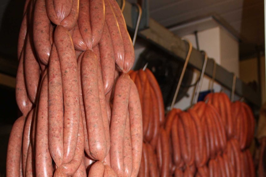 Hundreds of sausages hanging on meat hooks in a cold room.