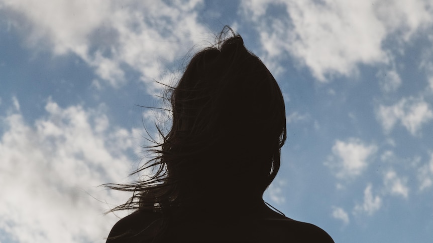 a woman with long hair silhouetted against a blue sky with white clouds