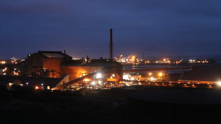 Whyalla steelworks under lights at night