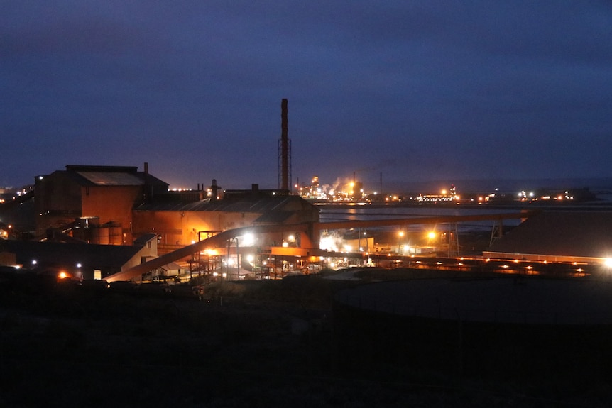 Whyalla steelworks under lights at night