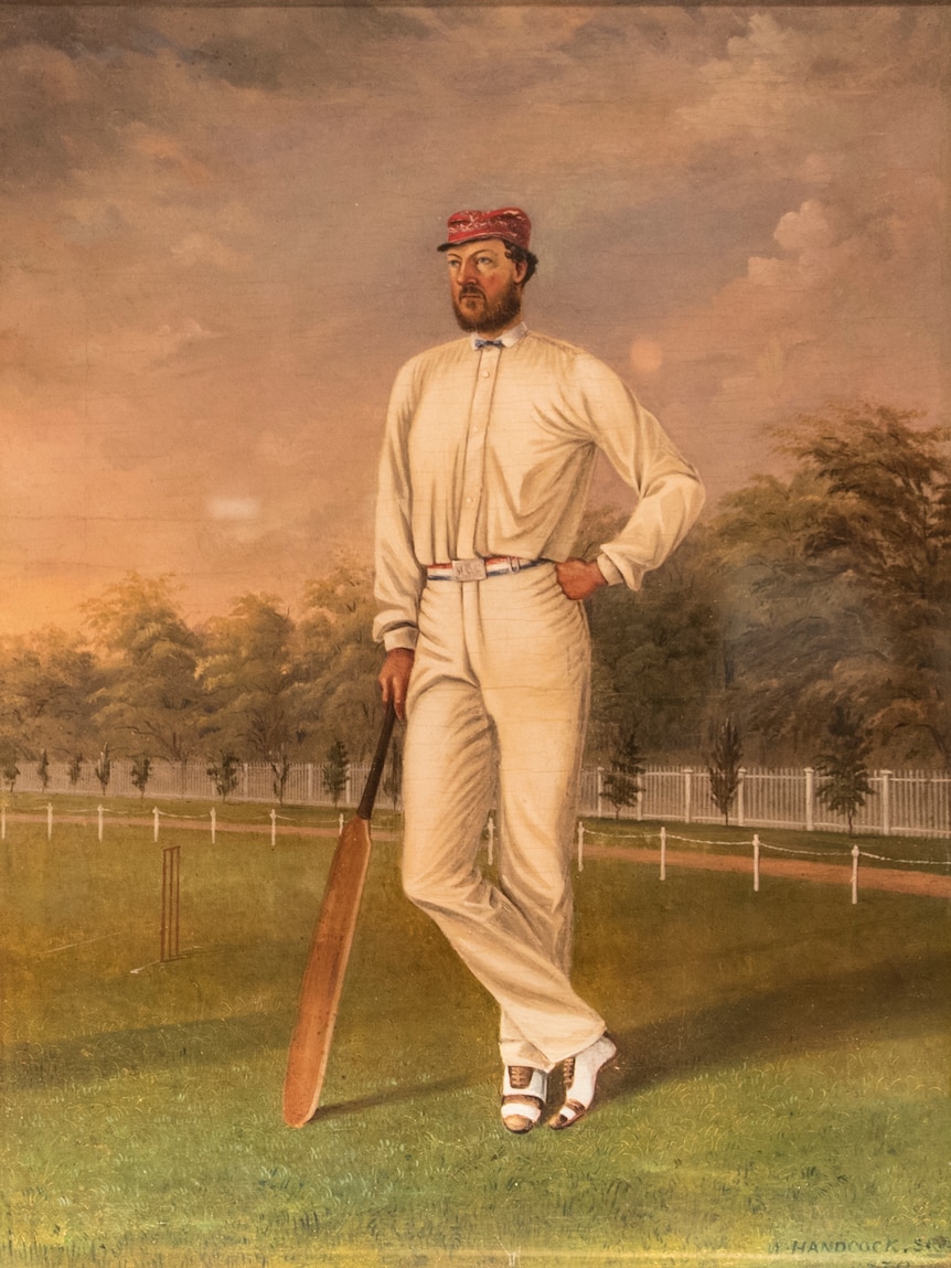A painted image of T W Wills leaning on a cricket bat in his cricket whites.