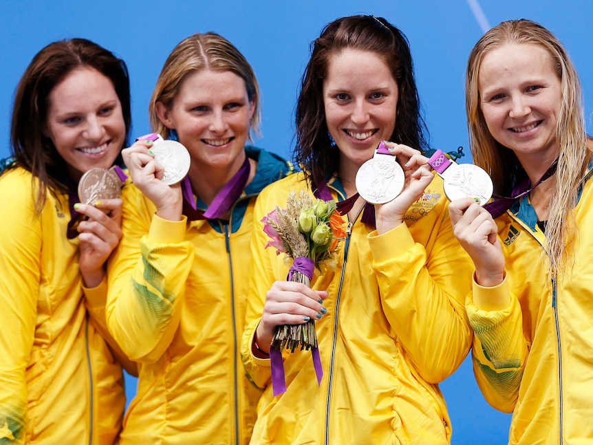 (L-R) 4x100 medley relay silver-medallists Emily Seebohm, Leisel Jones, Alicia Coutts and Melanie Schlanger.