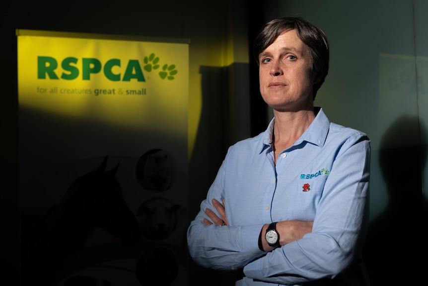 A portrait of Bidda Jones crossing her arms with a serious expression on her face, in front of a yellow RSPCA sign.
