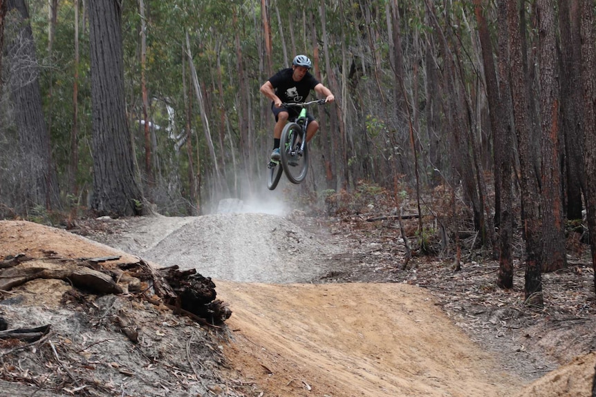 A mountain biker is airborne on a track that goes through a forest.