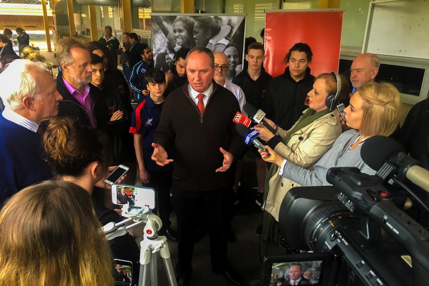 Barnaby Joyce and Nigel Scullion at a press conference at Oxley High School in Tamworth NSW