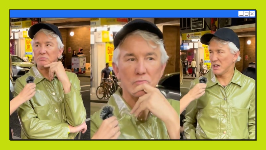 A triptych of the director Baz Luhrmann, black hat, green jacket, grey hair, with a little microphone in his face