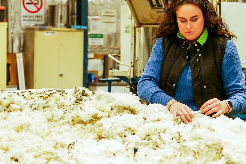 A young woman inspecting wool laid out on a table. 