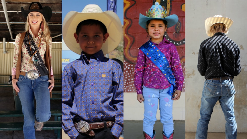 Four people dressed in western wear hats, boots, and collared shirts, made into a collage.