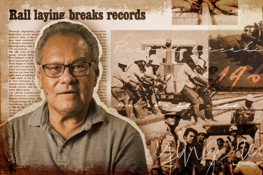 Composite of a man with archival newspaper clippings and old photographs behind him.
