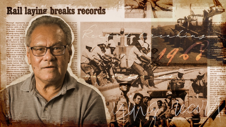 Composite of a man with archival newspaper clippings and old photographs behind him.