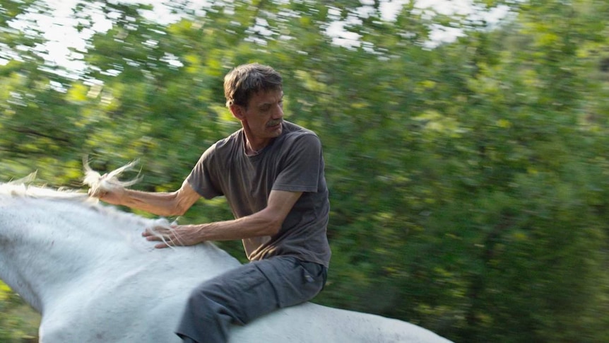 A man on horse back, riding fast and looking over his shoulder, in a lush green forest.