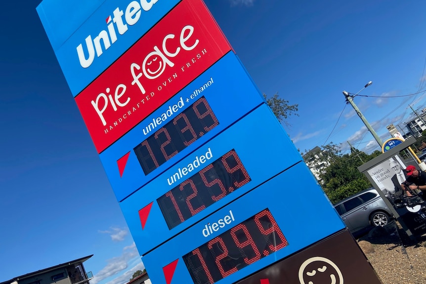 A United petrol station sign showing fuel for 123c a litre