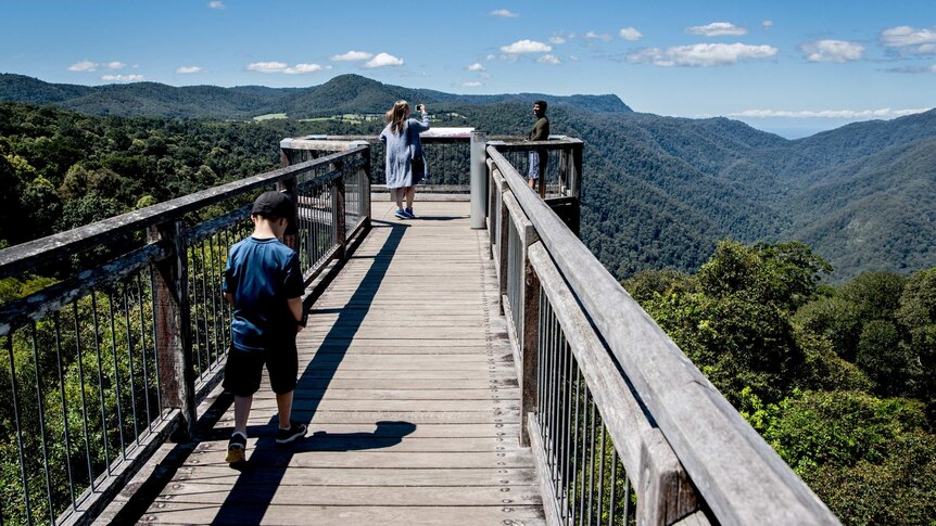A wide photograph of three tourists on the skywalk overlooking the valley.