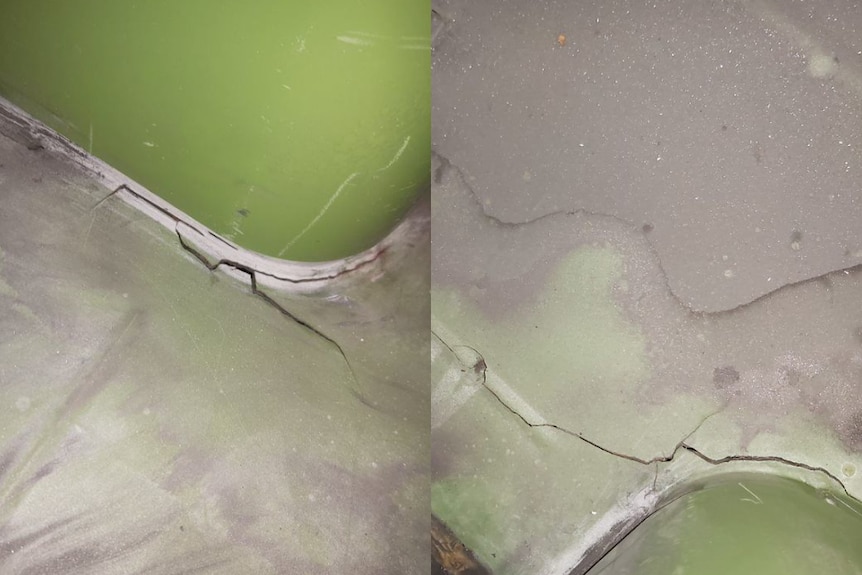 cracks on the floor of the light rail carriage