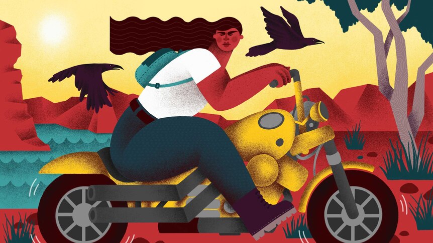Colour illustration of a woman riding a motorcycle while two black crows fly beside her.