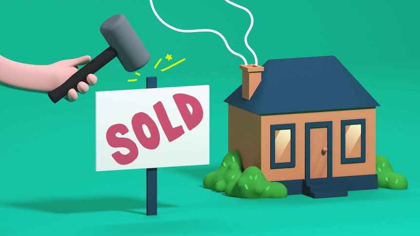 Illustration of sold sign being hammered into the ground outside a house to depict a beginner's guide to buying a property.