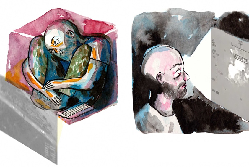 2 painted illustrations of Brandon Bryant. Crouched inside a box, trapped, staring at images on a computer screen.