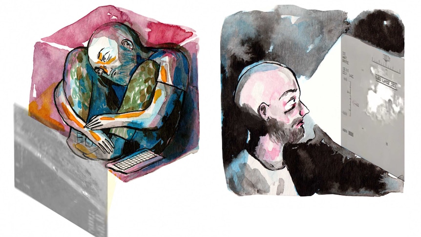 2 painted illustrations of Brandon Bryant. Crouched inside a box, trapped, staring at images on a computer screen.
