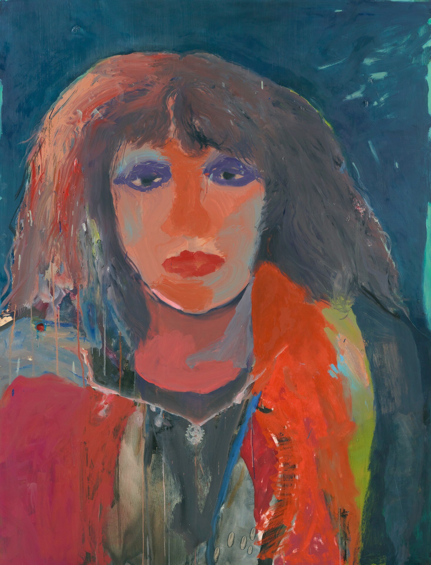 A colourful and abstract painting of Professor Chandini Raina Macintrye, her eyes framed with purple