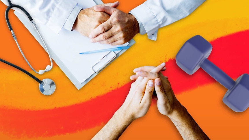 The clasped hands of a doctor and patient at a table with a stethoscope and dumbbell on the table depict a consultation.