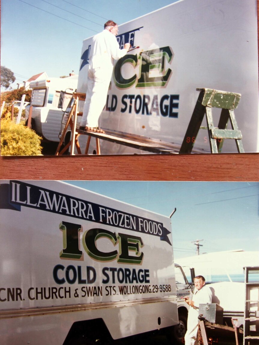 Cecil Willis works on signage for a frozen food company.