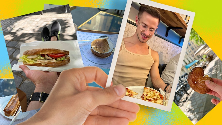 A photo collage of Scott, who wears a tank top and glasses, eating a pizza, and other European food.