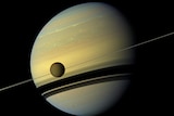 The planet Saturn appears against the jet black of space, with its rings side-on and a moon in the foreground.